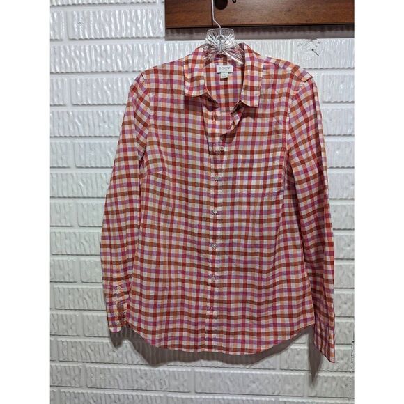 J. Crew Women's S Pink Orange Check Long Sleeve Button Front Shirt - Picture 1 of 7